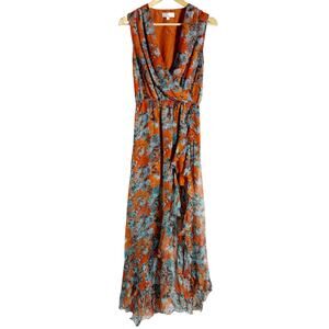 Caroline Constas Vivian Rust Orange Floral Asymmetric Hi-Low Sleeveless Gown S